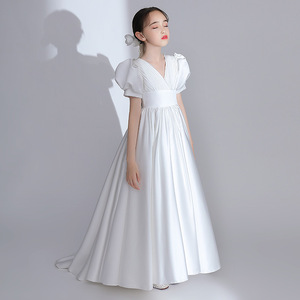 女童洋气长款拖尾礼服裙中学生主持人模特走秀白色钢琴考级演出服