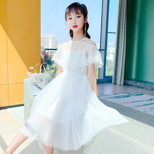 女 童蕾丝连衣裙2023夏季新款洋气儿 童白色网纱裙女孩公主蓬蓬裙