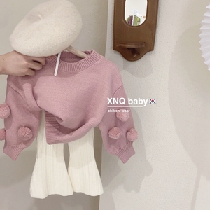 韩国童装女童针织毛衣秋冬装新款洋气儿童女宝宝毛球圆领毛线上衣