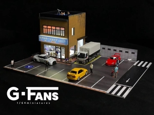 新品现货GFANS 1/64 店铺建筑场景模型专用汽车停车场景灯光摆件