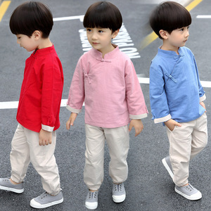 儿童汉服套装秋装棉麻蓝色红色中国风民国风男童女童兄妹装和尚服