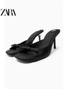 ZARA女鞋2024新款黑色蝴蝶结饰绸缎面料高跟凉鞋细跟外穿凉拖鞋女