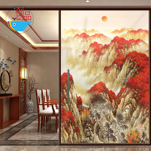 中式中国风山水画办公室静电贴纸磨砂玻璃贴膜图案定制有山无水