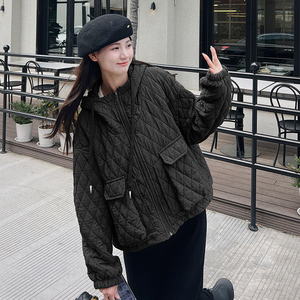 菱格纹轻柔棉衣外套冬季2024年新款韩版加厚小个子大口袋连帽外套