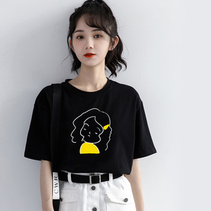 韩国2024年夏季新款人头印花黑色短袖T恤女宽松圆领基础体恤上衣
