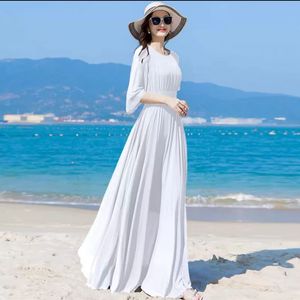 白色雪纺连衣裙长款到脚踝2023夏新款显瘦大摆气质波西米亚沙滩裙