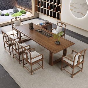 新中式休闲茶桌椅组合家用实木办公室简约茶台老榆木功夫茶几桌椅
