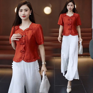 新中式时尚套装女夏季新款洋气质显瘦盘扣衬衫九分阔腿裤裙两件套