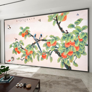 2024新款电视背景墙壁布客厅卧室沙发新中式柿柿如意壁纸壁画墙布