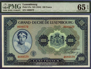 P47a 卢森堡1944年100法郎纸币 PMG 65 GEM UNC