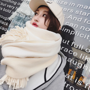 韩国新款毛线围巾女冬季韩版百搭双面双色长款加厚针…