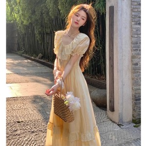 夏季新款女装法式甜美奶黄色蕾丝边连衣裙女温柔风气质显瘦长裙子