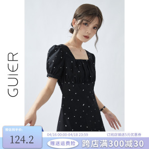 「GUIER」方领波点连衣裙女夏季2024新款黑色收腰显瘦小个子裙子