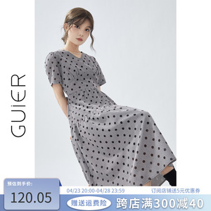 「GUIER」V领波点连衣裙女夏季2024新款小众设计感系带气质长裙子