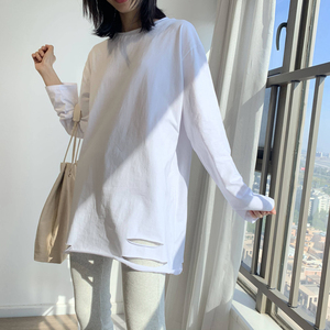 2021春秋女士中长款破洞T恤长袖棉质白色韩版个性时尚上衣打底衫
