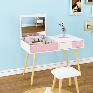 北欧化妆桌椅梳妆台可隐藏式收纳镜子90公分卧室一米实木化妆台