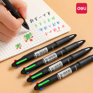 得力按动四色圆珠笔一笔多色油笔做笔记专用按压式笔芯合一支彩色多功能一体4色学生三色五色中性笔水笔