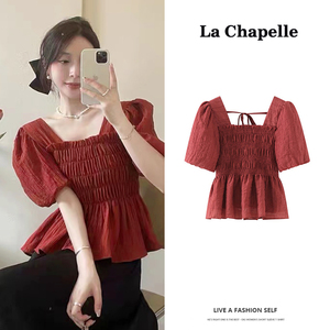 拉夏贝尔/La Chapelle红色方领系带松紧衬衫女法式甜美气质小衫夏