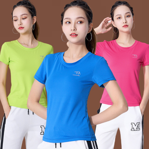 杨丽萍广场舞服装2023新款运动速干冰格T恤短袖 团体健身操表演服