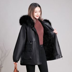 大毛领加绒皮棉衣中长款2023新款韩版派克服时尚PU皮衣冬季外套女