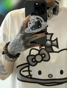 土星环x Kitty二创联名落肩T恤短袖230g纯棉数码直喷印花小众设计