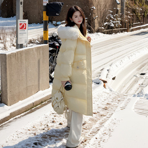 黄色大毛领羽绒棉衣女冬季新款2023韩版高级感时尚休闲中长款外套