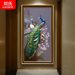 绿孔雀纯手绘油画美式玄关装饰画新中式客厅挂画欧式过道尽头竖幅