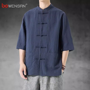 新中式国风亚麻衬衫男士短袖夏季唐装汉服棉麻五分袖大码衬衣男款