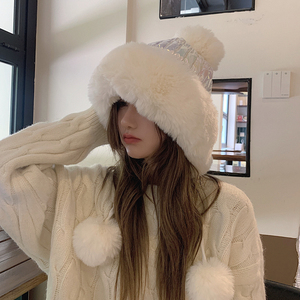 白色冬季雪地毛线帽女毛球护耳毛茸茸雷锋帽保暖加绒防风滑雪帽潮