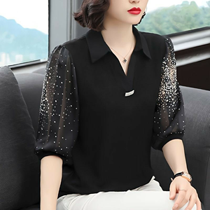 黑色雪纺七分袖衬衣女2023夏季新款套头衬衣韩版宽松打底上装时尚