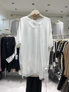 2024夏季韩版短袖T恤女设计感中长款洗水棉连衣裙单穿宽松上衣潮