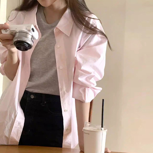 韩系气质高级感长袖粉色衬衫女夏季薄款休闲百搭防晒衬衣外套上衣