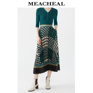 MEACHEAL米茜尔夏季新款时尚复古绿千鸟格压褶半裙
