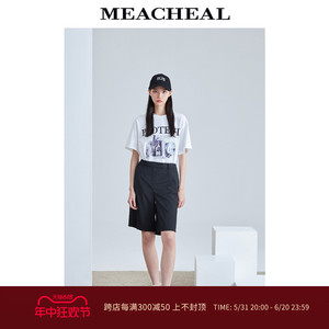 MEACHEAL米茜尔女装夏季新款经典黑白条纹高腰休闲西装短裤女中裤