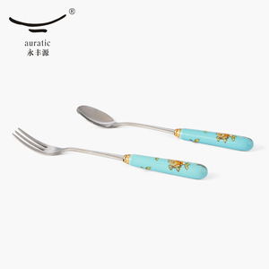 永丰源 夫人瓷西湖蓝陶瓷2头叉勺高颜值 精致水果叉子不锈钢 礼品