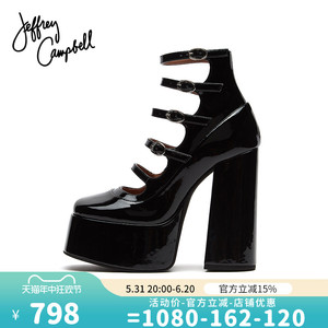 Jeffrey Campbell玛丽珍女鞋秋冬新品黑色漆皮扣带超高跟粗跟单鞋