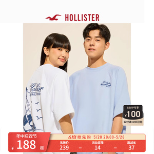 Hollister24夏新款美式情侣印花宽松短袖卫衣T恤男女装KI322-4087