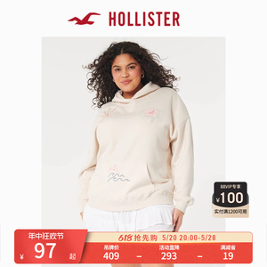 Hollister24年春夏新款美式宽松抓绒刺绣图案帽衫卫衣女 357404-1