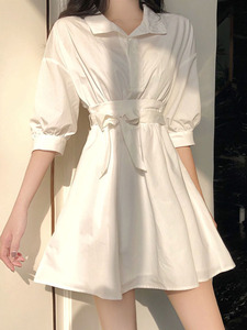白色衬衫连衣裙女夏季2024新款港风设计感小众系带收腰衬衣裙法式