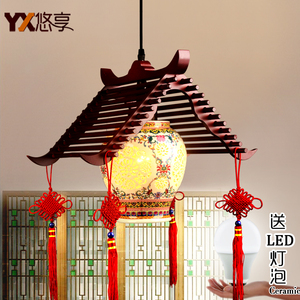中式实木艺陶瓷阳台吊灯具复古过道走廊灯具现代简约大方LED灯