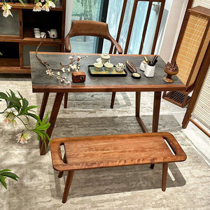 新中式黑胡桃木火星岩干泡台阳台茶桌椅组合小户型办公卓书桌茶台
