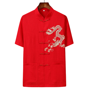 中国风夏季薄款亚麻短袖唐装中老年男士红色刺绣龙宽松大码衬衫