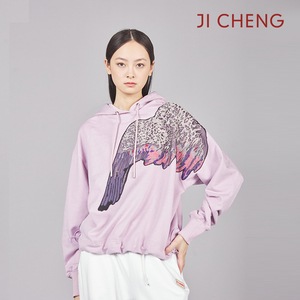 Ji Cheng吉承原创设计女士卫衣宽松长袖翅膀连帽衫紫色休闲时尚