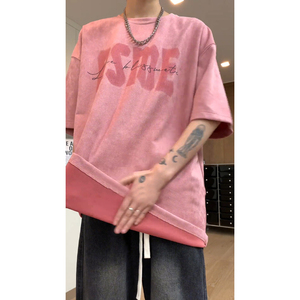 粉红色400克重磅t恤男款小领口麂皮绒短袖美式高街夏季情侣半截袖