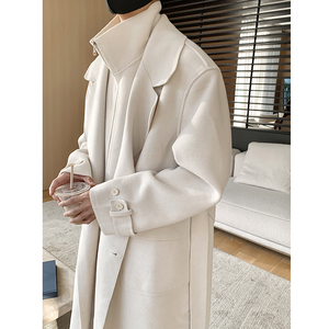 假两件白色呢子大衣男款冬季穿搭韩系毛呢外套中长款夹棉情侣风衣