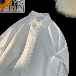 小众立体印花短袖衬衫男夏季日系小清新ins白色宽松百搭衬衣外套