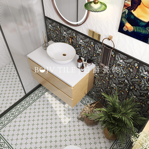 伯爵复古墨绿植物卫生间花砖法式浴室小白砖厕所阳台花片厨房瓷砖