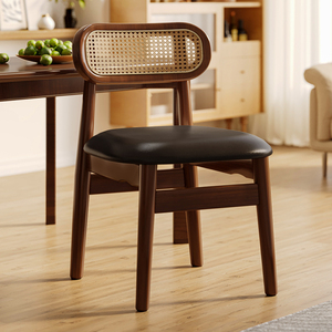 新中式椅子复古餐椅家用实木藤编靠背椅茶室藤椅高级感胡桃色茶椅