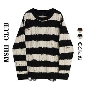 MSHI CLUB韩版不规则破洞麻花套头中长款条纹毛衣针织衫上衣外套