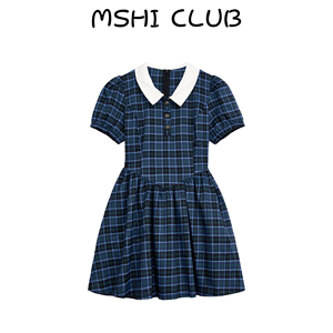 MSHI CLUB蓝色格纹连衣裙女2024夏季新款格子夏日多巴胺学院短裙